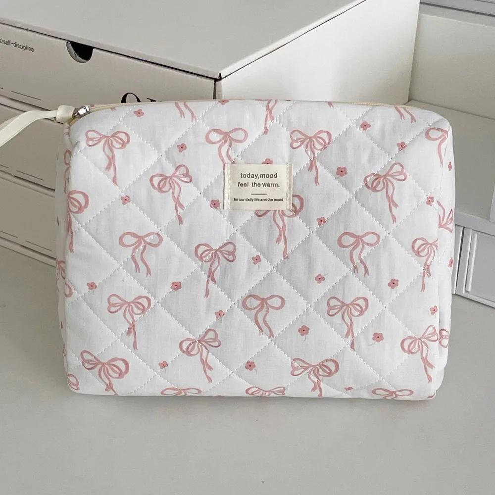 Fashion Korean Style Cosmetic Bag Multi-size Zipper Travel Storage Bags Pink Bow Plaid Makeup Quilted Bag for Women Girls