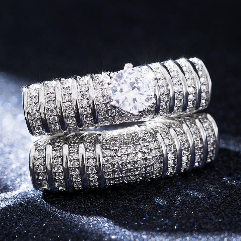 Elegant Double-Layer Hollow Out Zircon Ring Women Copper Geometric Fashion Jewelry Size 6-10