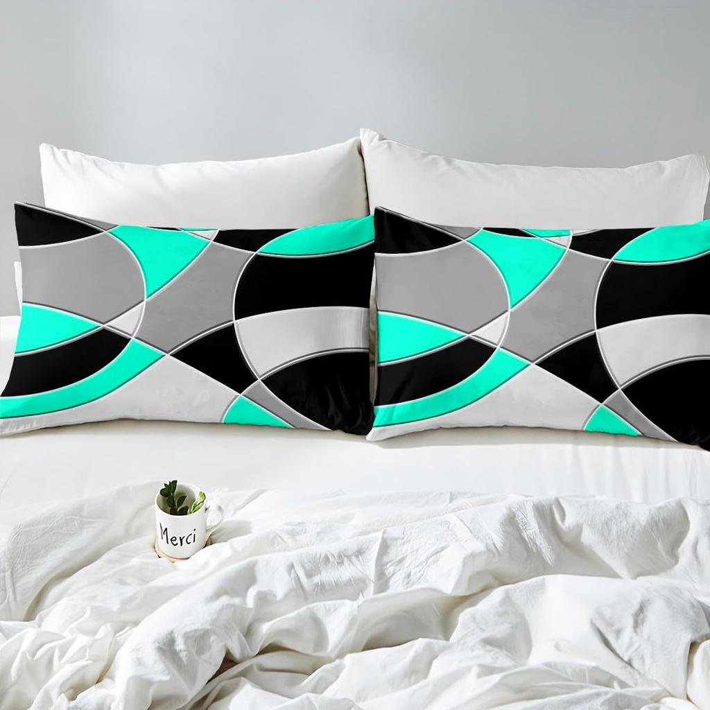 Round Geometric Bedding Set Green Gray Black Abstract Art Bedspread Comfortable Three-Piece Set