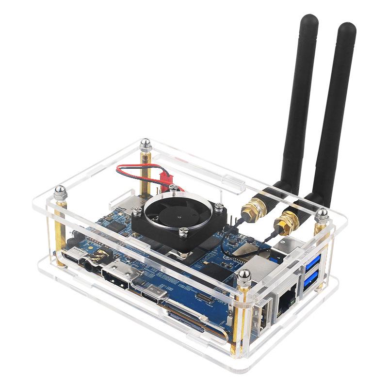 Orange Pi 5B Transparent Acrylic Case with Fan, WIFI, Bluetooth Receiver, and Orange Pi 5 Protection.