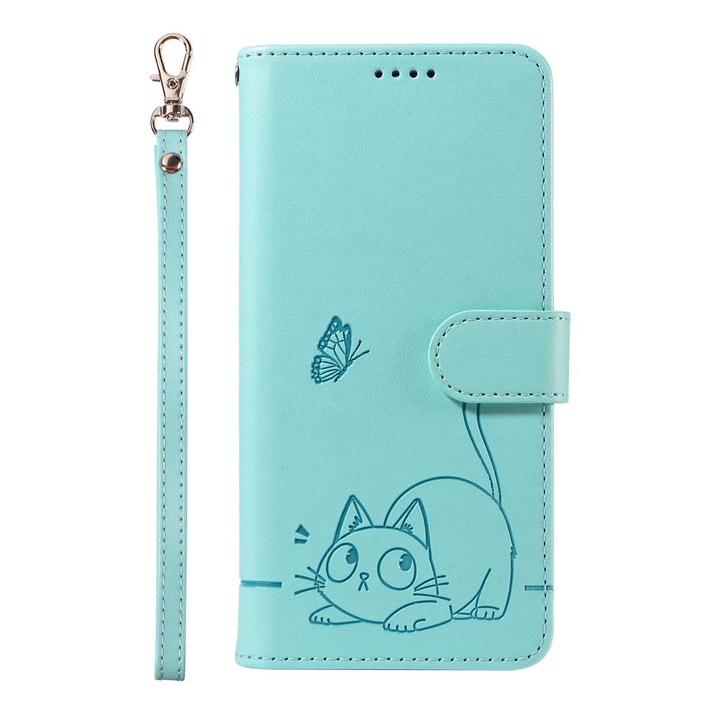 Leather Wallet Flip Case For OPPO A57S A77 A15 A15S A16 A16S A54S A17 A96 4G 5G Cat and Butterfly Embossed,Wrist Strap