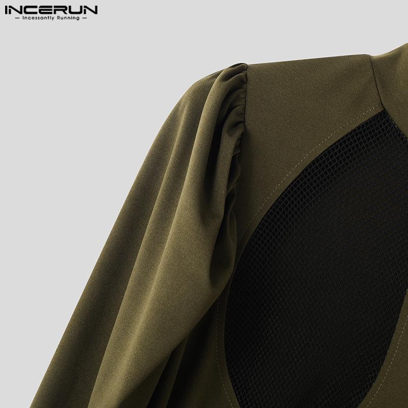 INCERUN Herren T-Shirt mit Stehkragen und Puffärmeln, Mesh, durchsichtig, Patchwork