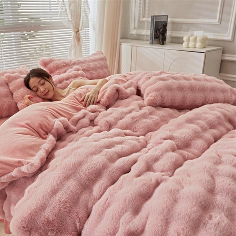 Light Luxury Rabbit Fleece Thickened Milk Fleece Four-Piece Set, Bed Sheet Quilt Cover Three-Piece Set, Bedding, Bed Hat Model