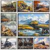 Watercolor Vintage Steam Train Railroad Locomotives Mountain Landscape Poster Canvas Painting Wall Art Pictures Home Decor