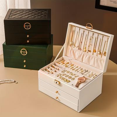 1pc Vintage Jewelry Organizer Box with Key Lock, 3 Layer Large Capacity Storage for Earrings, Rings, Necklaces, Beads, And Accessories,