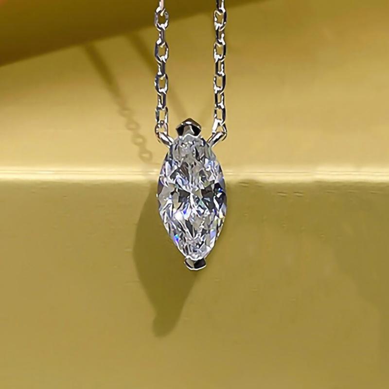 Two Prong Marquise Cut Single Stone Pendant Thin Link Chain Two Tone Minimalist Women Neck Jewelry