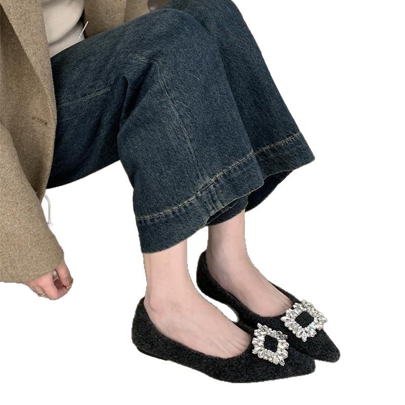 French Small Fragrant Woolen Single Shoes Women's 2025 New Rhinestone Square Buckle Flats Evening Shoes Fleece Low Heels
