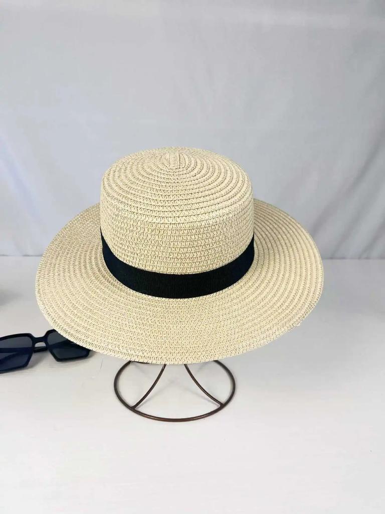 Flat Top Straw Hat Summer Travel British Style Wide Brim Sun Hat Beach Braided