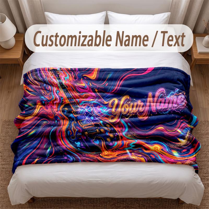 Music Guitar Theme Soft Blanket Personalized Custom Name Text Print Warm Blanket Home Sofa Bedroom Decor