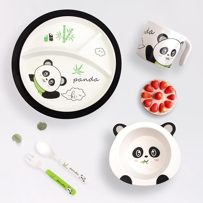 5-Piece Bamboo Panda Baby Feeding Set, Natural Eco-Friendly Reusable Plate Bowl Spoon Fork, Cute Toddler Kitchen Accessories