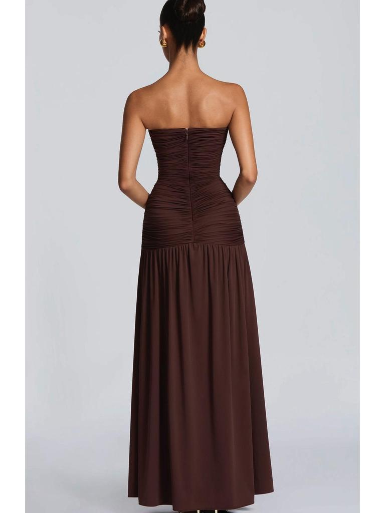 European-Style Strapless Pleated High-Slit Open-Back Evening Gown