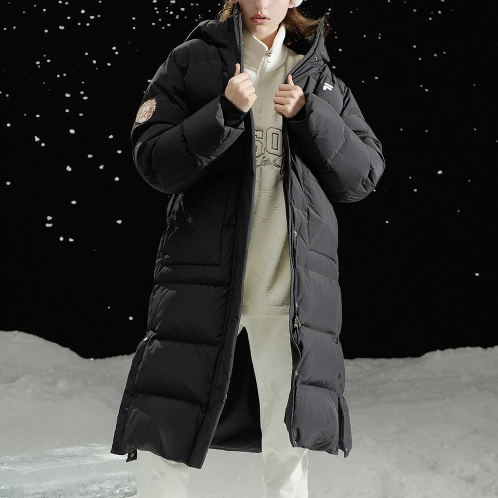 Fila Fusion Solid Color Hooded Sports Warm Loose Long Down Jacket Women Outerwear Black T11W345907ABK