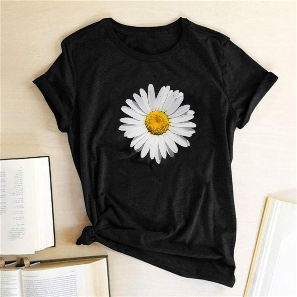 Summer Round Neck Daisy Pattern Printed Top Fashionable Casual Pure Cotton Short Sleeved Women's T-shirts
