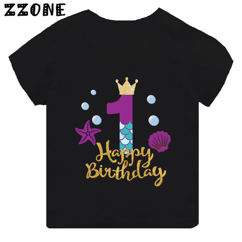 Cute Mermaid Princess Print Girls Clothes 1 2 3 4 5 6 7 8 9 Years Happy Birthday Kids Short Sleeve T Shirt Baby Boys TShirts