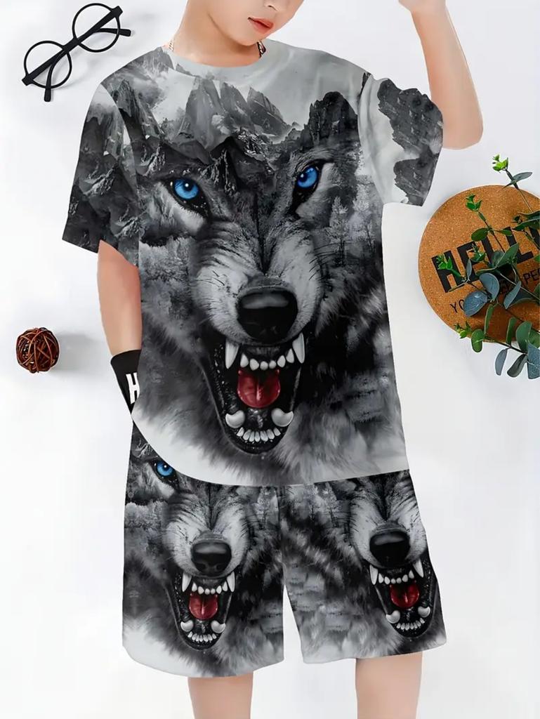 Kinder Set Cooler Tiger Wolf Löwe Druck Sommer Kurzarm Mode Bequem Jungen Anzug Outdoor Trendige Kinderkleidung
