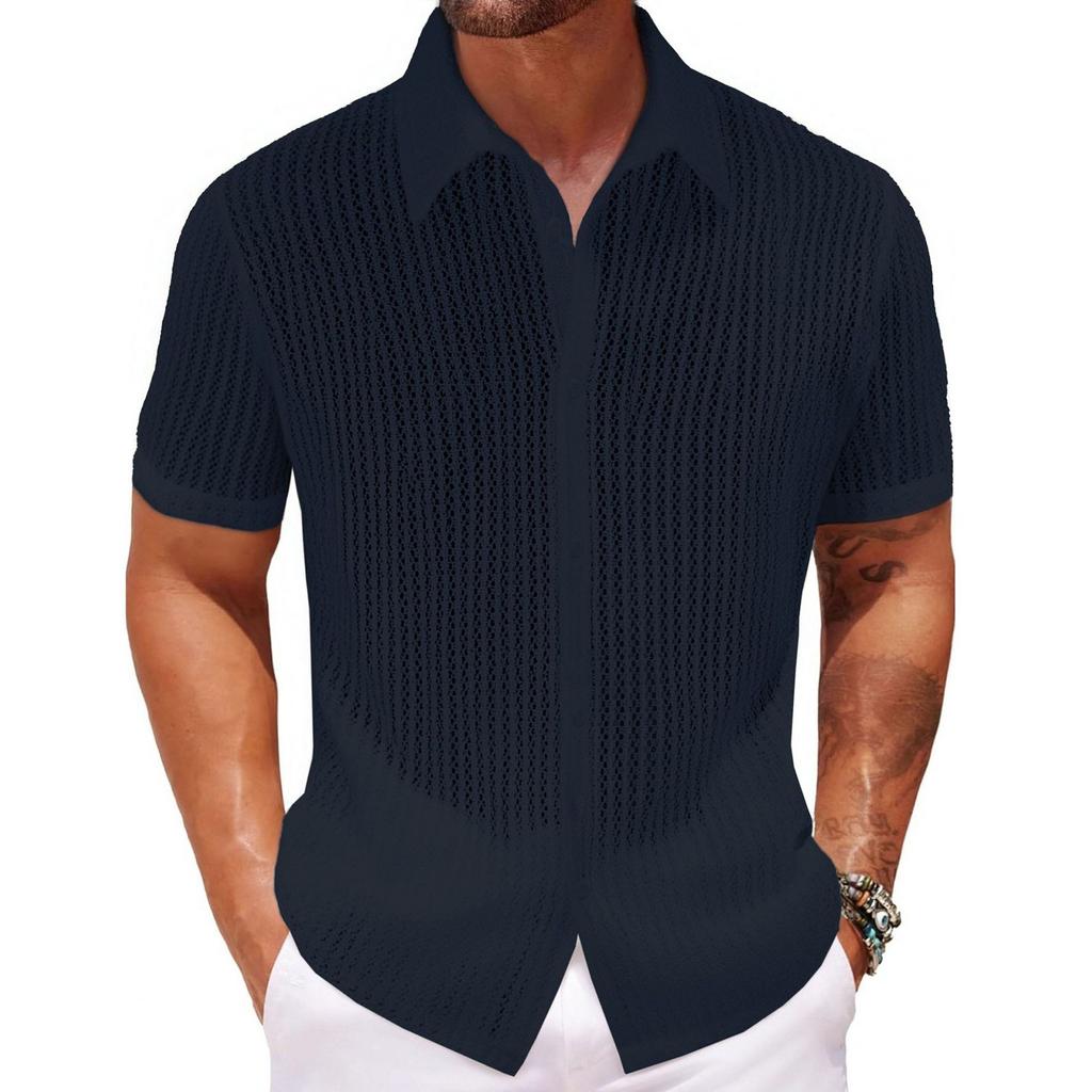 Men's Summer Sexy Hollow Shirt Summer Casual Short-sleeved Lapel Shirt