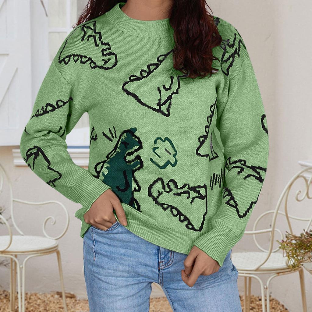 Women’s Dinosaur Knit Sweater O-Neck Cute Oversized Pullover Sweaters