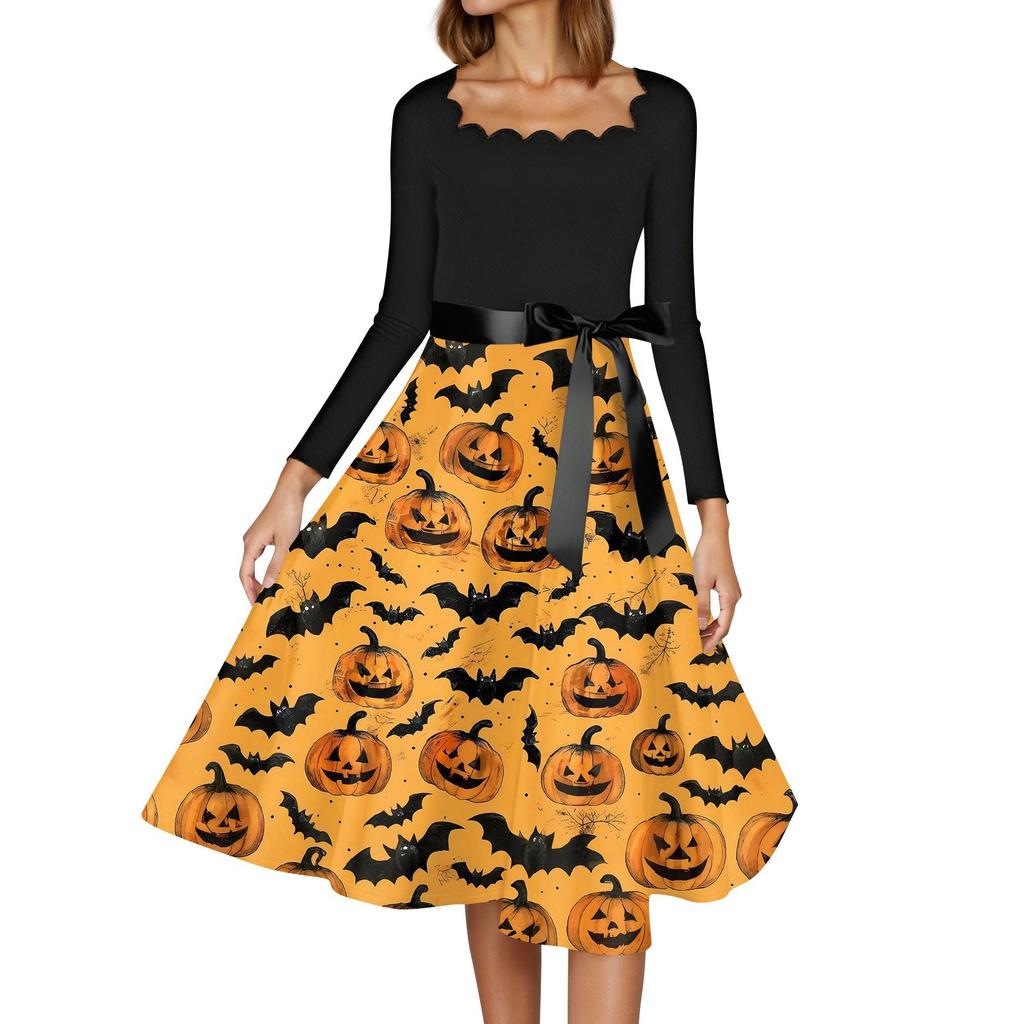 Halloween Print Flare Dress For Women Long Sleeve Dress Hollow Party Casual Dresses