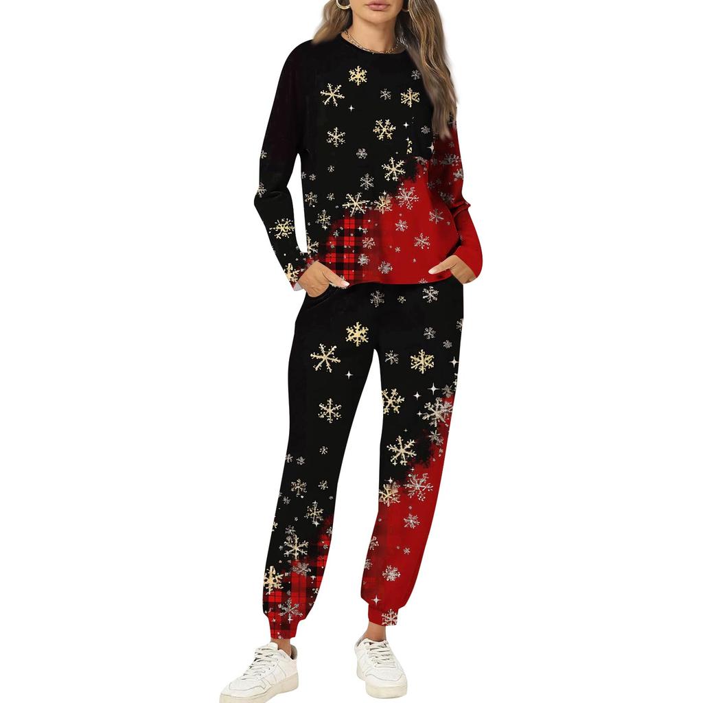 Sets für Damen 2-teilig Rundhals Langarmshirts Bedruckte Jogginghosen Taschensets