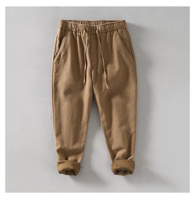 L8234 Men's Retro Loose Straight-Leg Cotton Pants - Warm Fleece-Lined, Drawstring, Long Fit