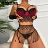 Set lenjerie sexy cu ciucuri Dantela mozaic Lenjerie intima dama 5 piese Tanga Jartiere Costume intime erotice