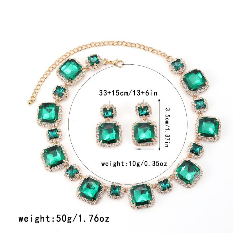 Elegant Green Red White Rhinestone Jewelry Set Women Fashion OL Style Earrings Necklace With Geometric Square Design