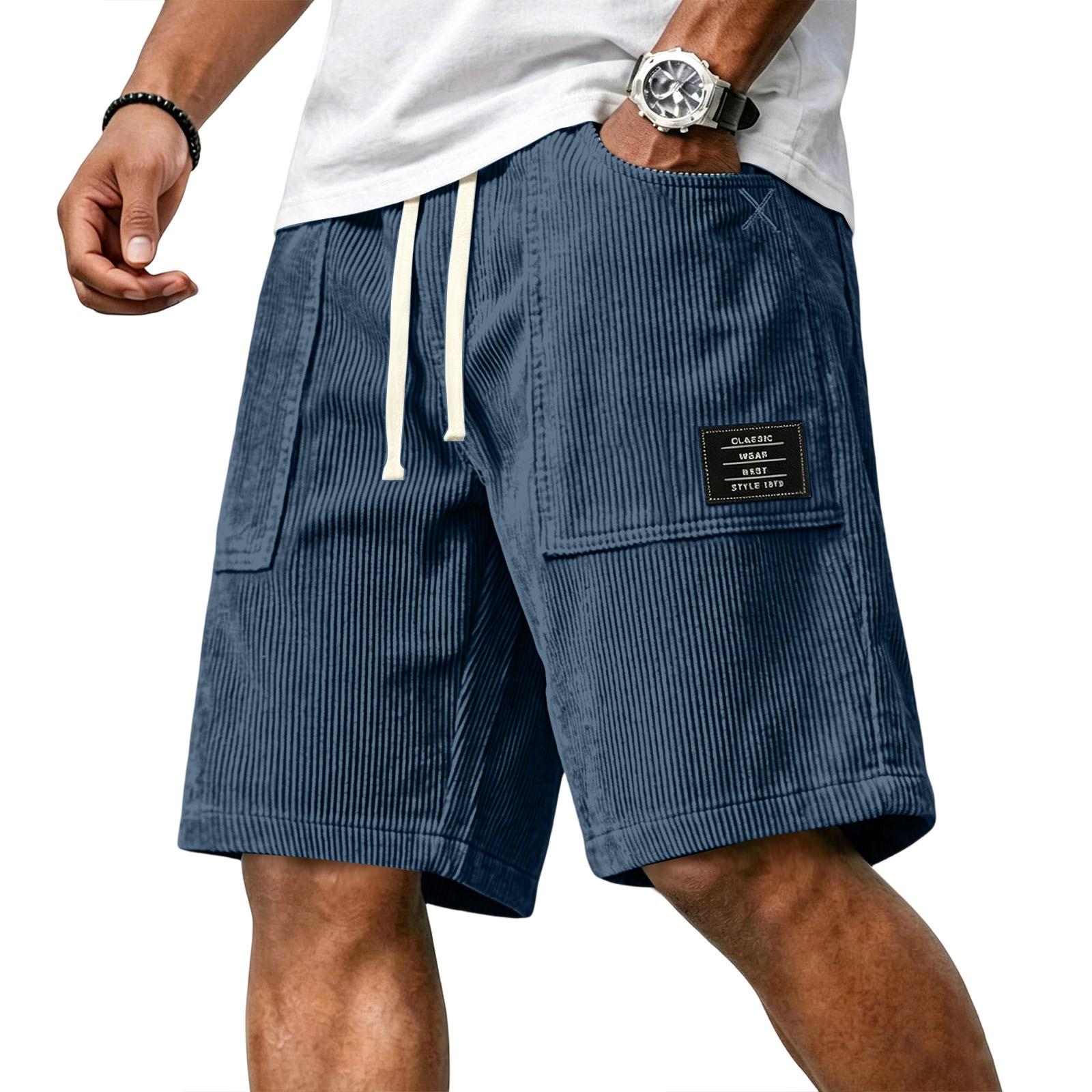 

Mens Corduroy Drawstring Waist Shorts Relaxed Fit Casual Shorts with Letter Patch and Large Front Pockets for Everyday Wear XL тёмно-синий