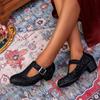 New Mary Jane Shoes Women's French Thick Heel Middle Heel One Word with Satin Light National Style Retro Light Mouth Single Shoes