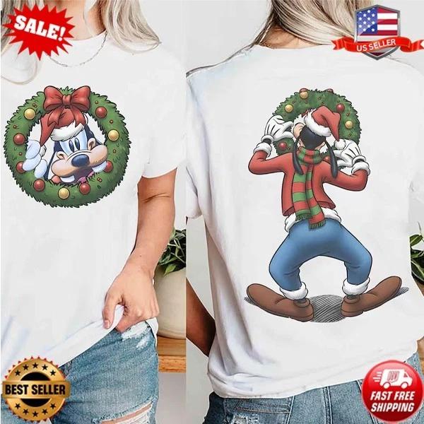 2-sided Disney Santa Goofy Christmas Wreath Retro Shirt, Goofy Jolly T-Shirt S