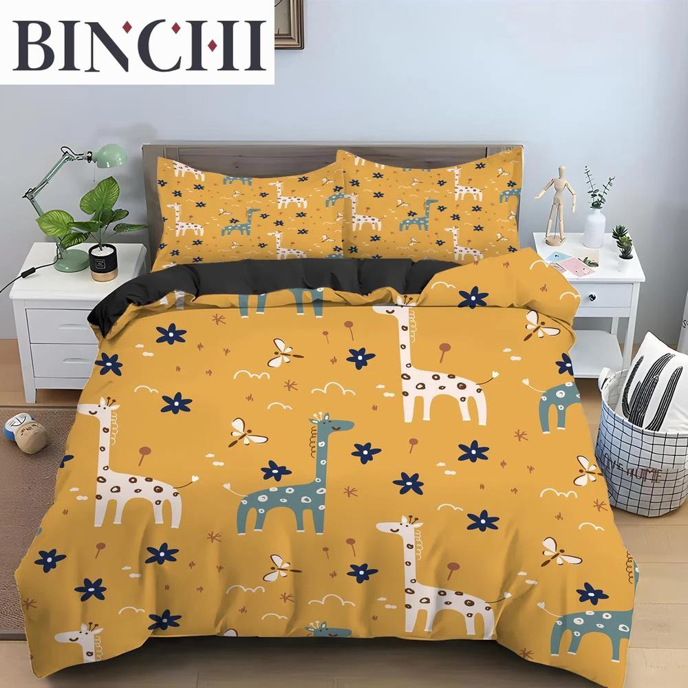 Cartoon Giraffe König Königin Bettbezug Jungen Mädchen Tier Bettwäsche Set Wildtiere Deckenbezug Polyester Bettdecke