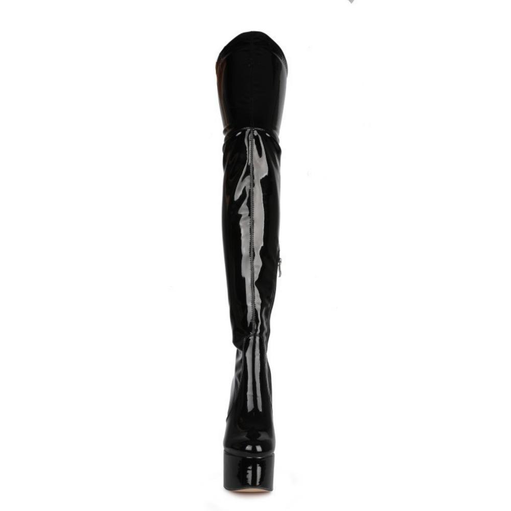 Sexy Damenstiefel Overknee-Stiefel Lackleder Stretch Reißverschluss Schuhe Runde Zehen High Heels Übergrößen