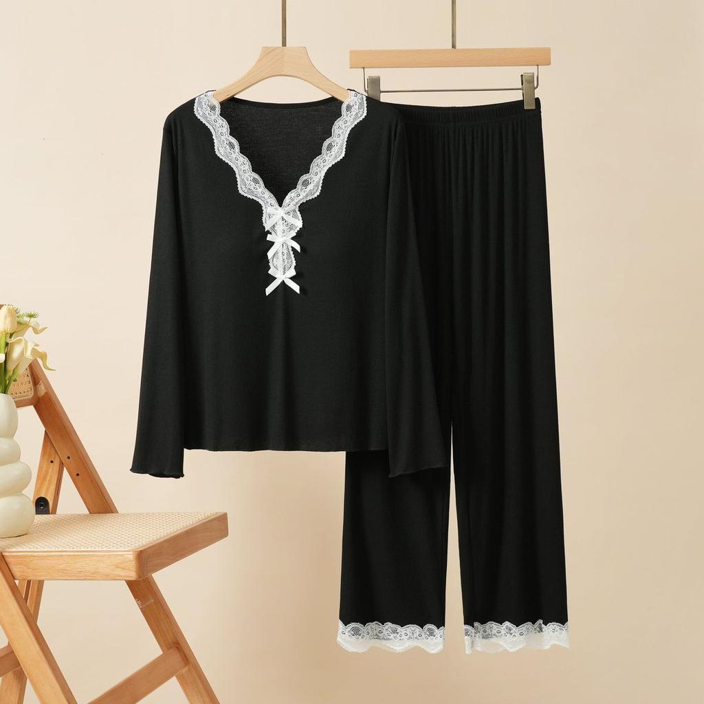 Women Suits Sets Lace-Trimmed Padded Nightgown Set with Short-Sleeve Top and Long Pants for Women Pants Two-piece Oversize 2PC Suit