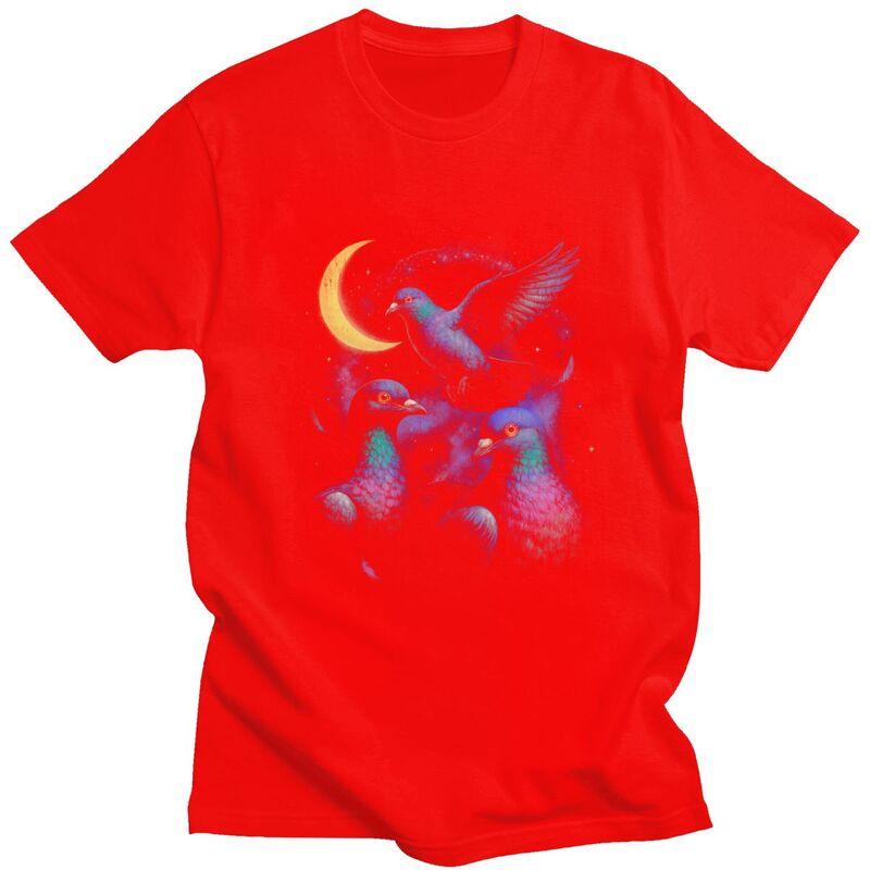 Male Cosmic Pigeons Under The Crescent Moon T Shirt Pure Cotton Colthing Fashion Casual Design Graphic Tees Shirt S
