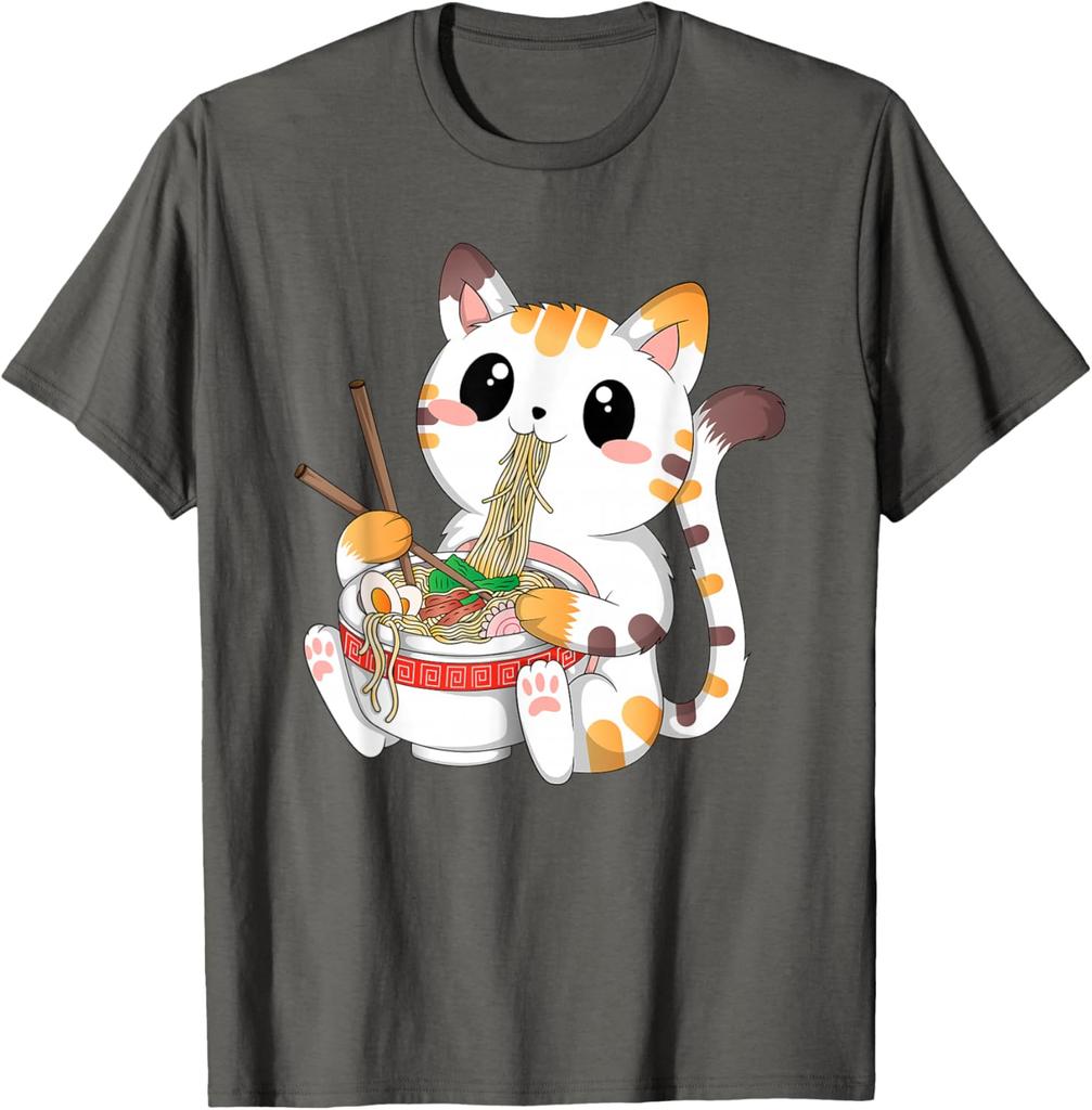 Cute Ramen Eating Kawaii Cat Graphic Tee Anime Neko Lovers Casual Cotton T-Shirt