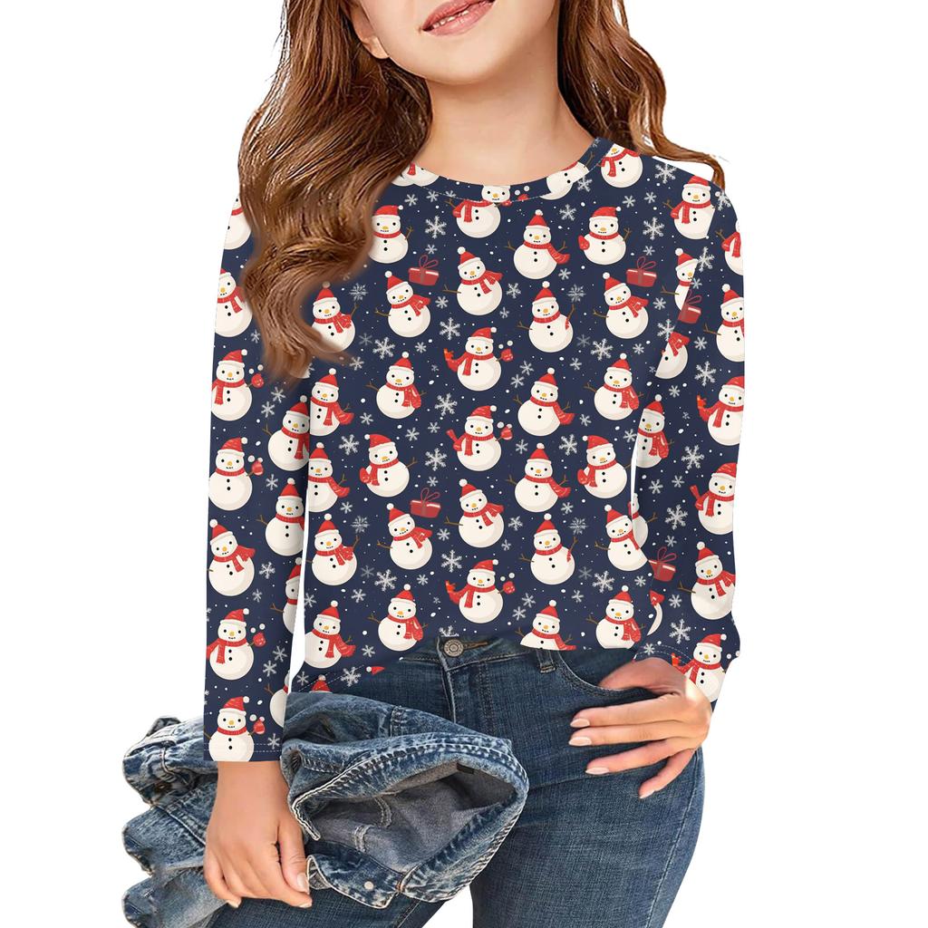 Christmas Day Girls Long Sleeve T Shirts Kids Fall Tops Crewneck Printed Basic Tees