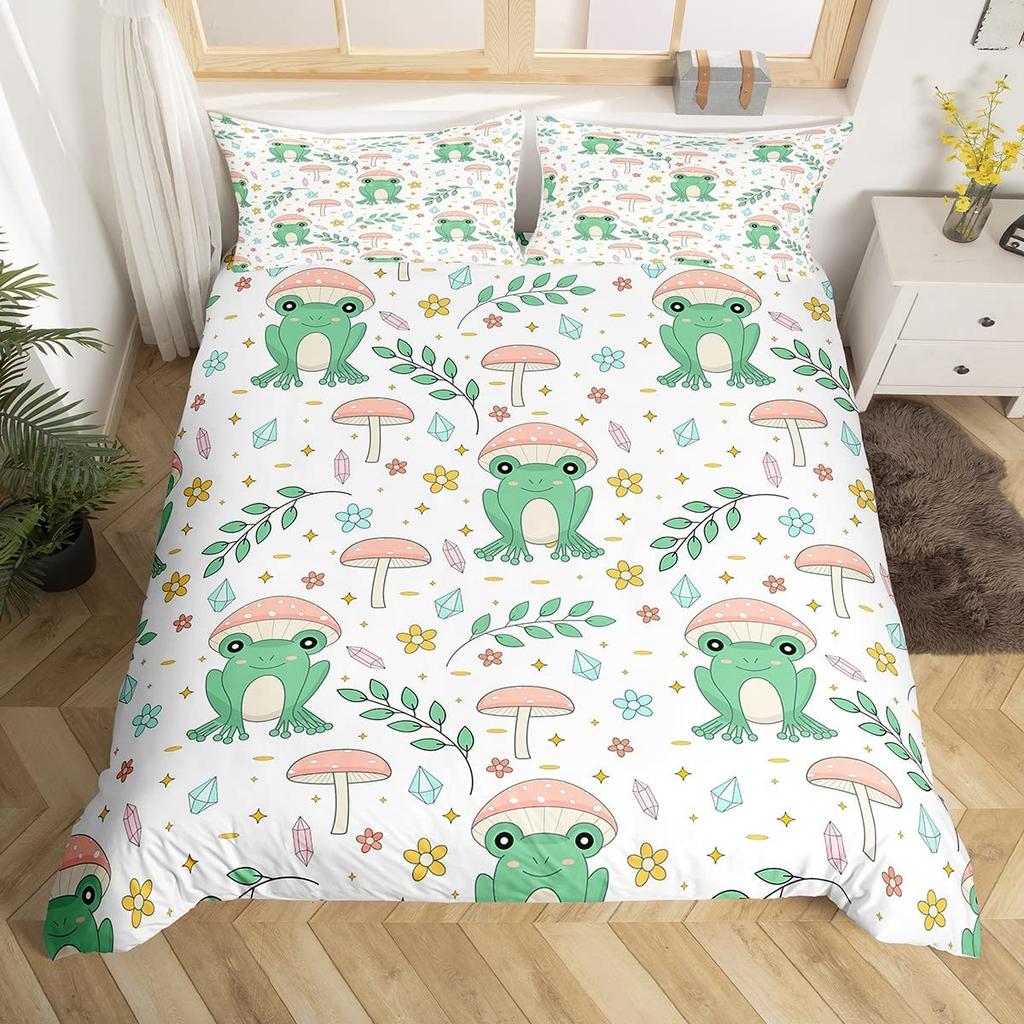 Frog Duvet Cover Set Cute Kawaii Cartoon Frog Pattern King Queen Size Polyester Comforter Cover With Pillowcase For Kids Girls