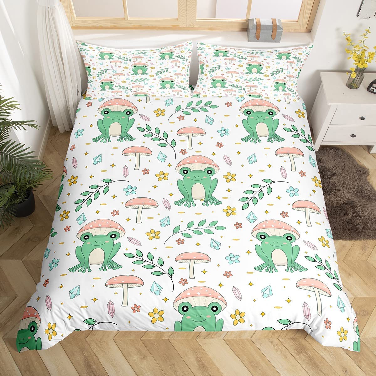 

Frog Bed Cover Kit Sweet Kawaii Cartoon Frog Printed Pattern King Size Queen Size Size Polyester Comforter Cover With Pillowcase Kids-oriented Girls EU single(135x200cm)