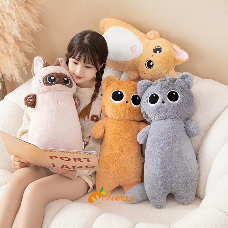 40/55/65cm Kawaii Cat Long Pillow Cartoon Animal Stuffed Doll Plush Toy Black Grey Brown Siamese Cats Sleeping Hug Plushie Gift