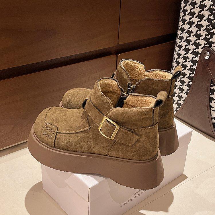 Ugly cute big-headed muffin thick-soled versatile Martin short boots for women 2025 autumn and winter new height-increasing velvet warm cotton shoes 