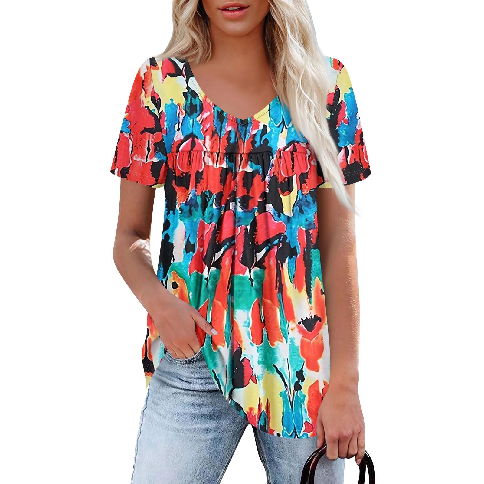 

Женский повседневный топ с V-образным вырезом, коротким рукавом, оборкой на груди и принтом XXXL