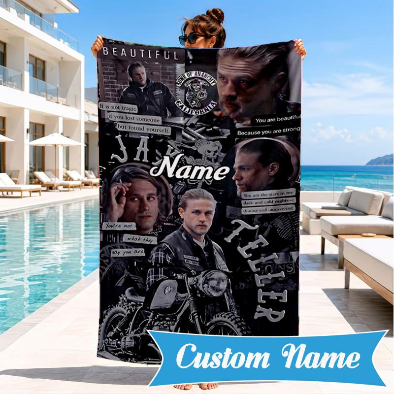 Custom Name Biker Club Anarchy Heart In Space Adventure Microfiber Beach Towel, Lightweight for Summer Travel, Swimming Pool Fan Gift