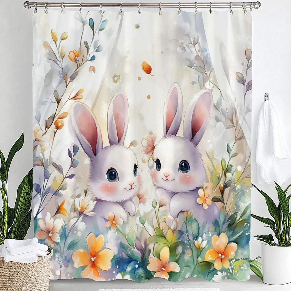1pc Cute Rabbit Cheerful Shower Curtain, Flower Plant Print Waterproof Shower Partition Privacy Hanging Curtain with Hooks