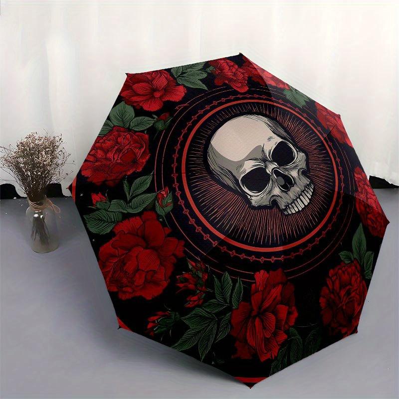 Day of the Dead Skull & Roses Circular Wall ArtUmbrella with Cute Design, Portable 3-Fold Compact Umbrella for Men & Women, Valentine's Day Mother's D