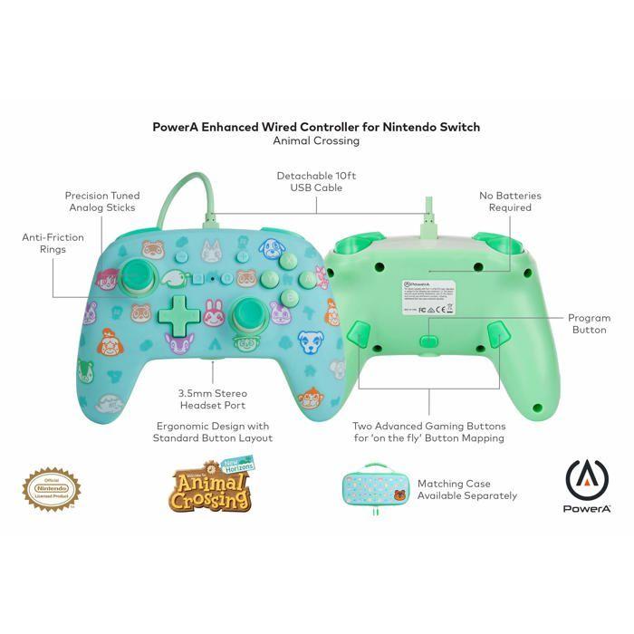 Manette De Jeu - POWER A - Animal Crossing : New Horizons - Filaire - Vibration - Vert Et Bleu