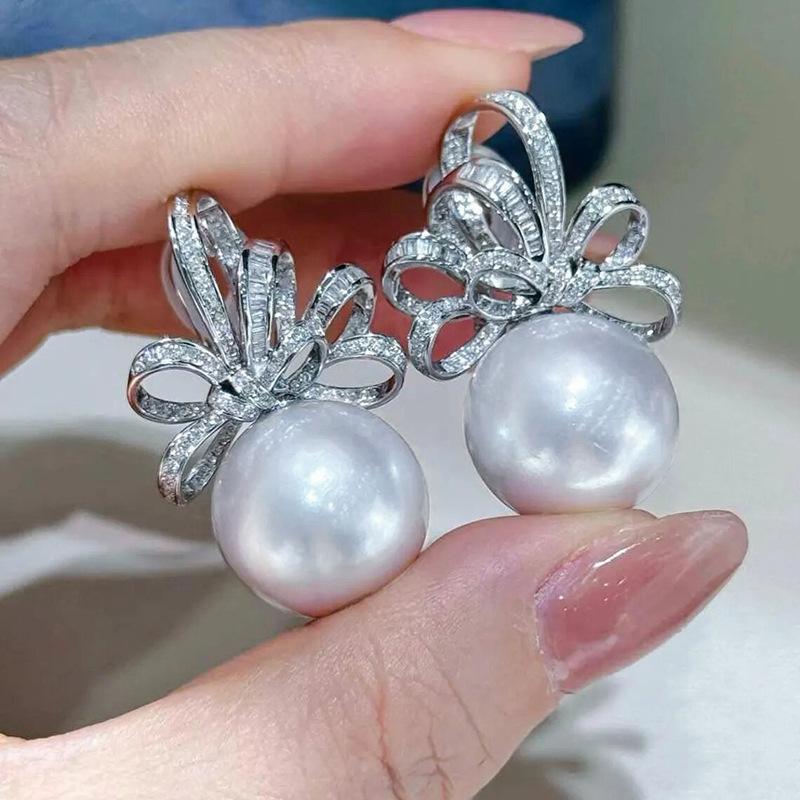 Exquisite Ribbon Imitation White Pearl Stud Earrings, Super Fairy Style Bow Zircon Earrings, Earrings.