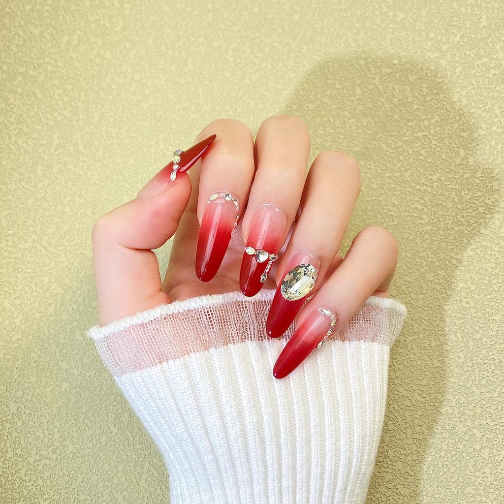 2026 Hot Style Handmade Wine Red Long Oval Press-On Nails with Rhinestones for Festival Celebrations