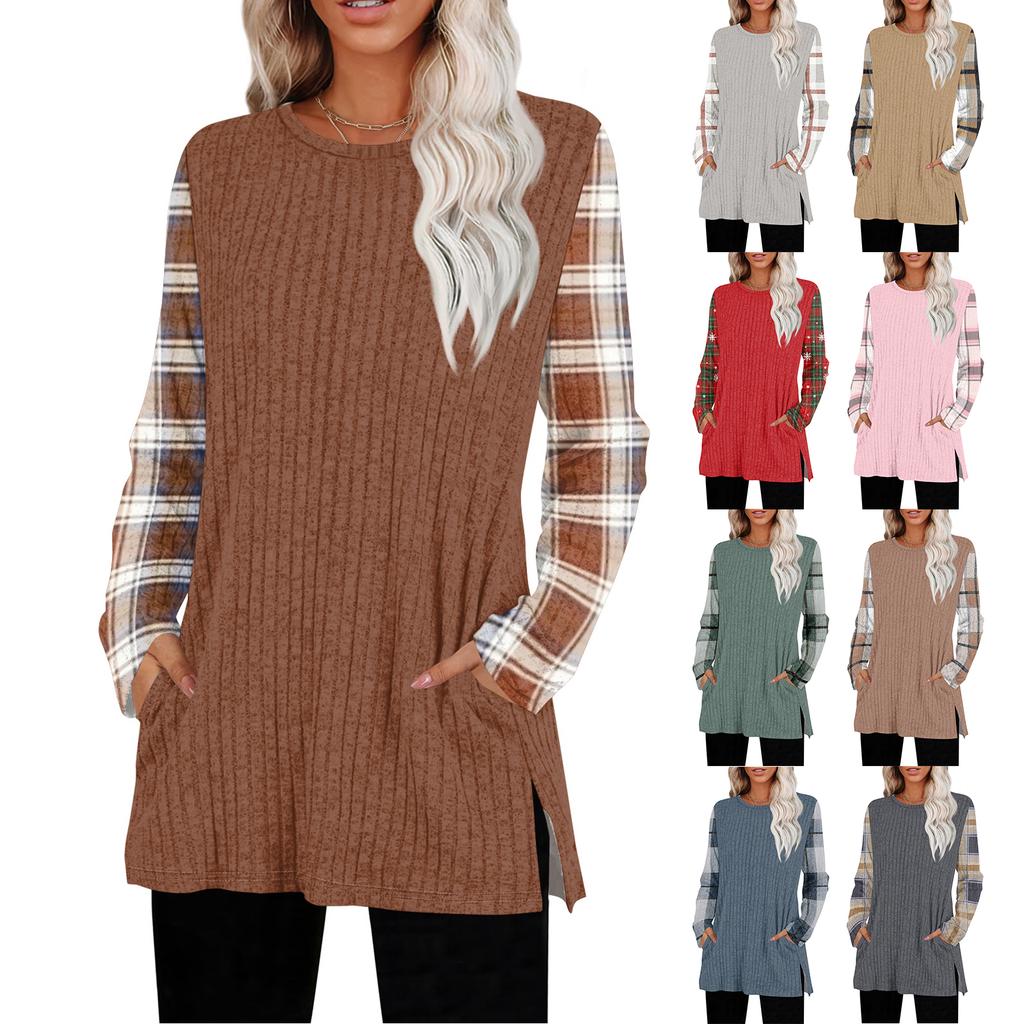 Women's Striped Printed Round-neck Long-sleeved Top With Pockets And Side Slits