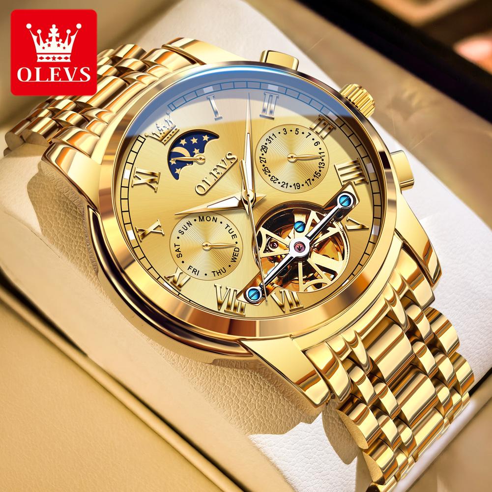 OLEVS Uhren Für Mann Mondphase Luxus Edelstahl Schwungrad Mechanische Handuhr Datum Wasserdicht Leuchtend Herrenuhr 6617