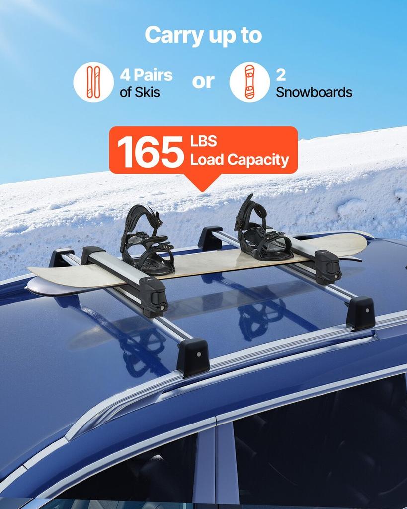 Ski & Snowboard Roof Rack, Carry up to 4 Pairs of Skis or 2 Snowboards, 2 PCS Aluminum Universal Car Roof Rack with Lock & Rubber Padding, Carrier for