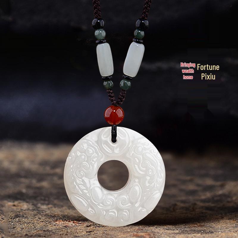 Blue Jade Pendant Necklace with White Jade Pixiu for Men & Women, Sweater Chain Cotton Linen Gift